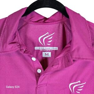 Active Faith Mens Polo Shirt M Magenta "In Jesus Name I Play" Colossians 3:17
